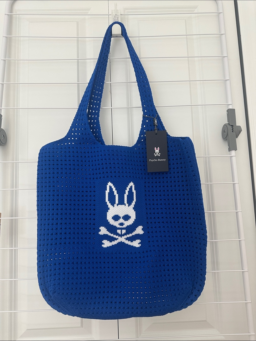 Psycho Bunny Royal Blue Crochet Tote with White Bunny Skull